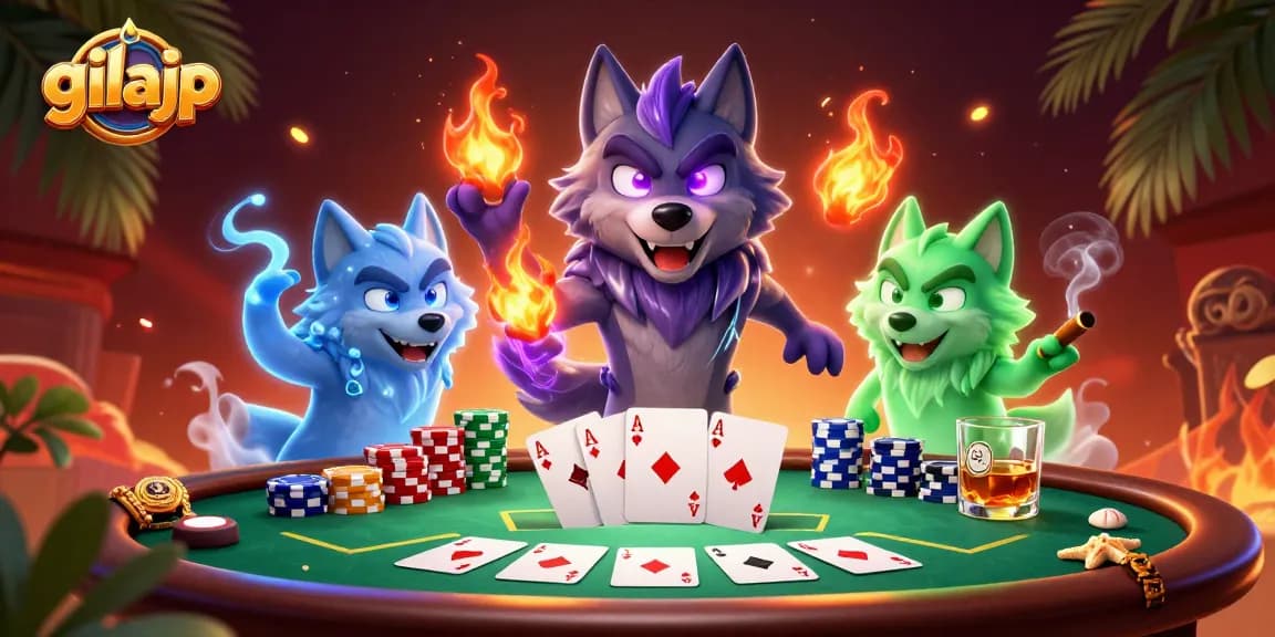 Menangkan permainan poker di gilajp dengan ilustrasi seru dari pemimpin serigala dan chips berwarna-warni.