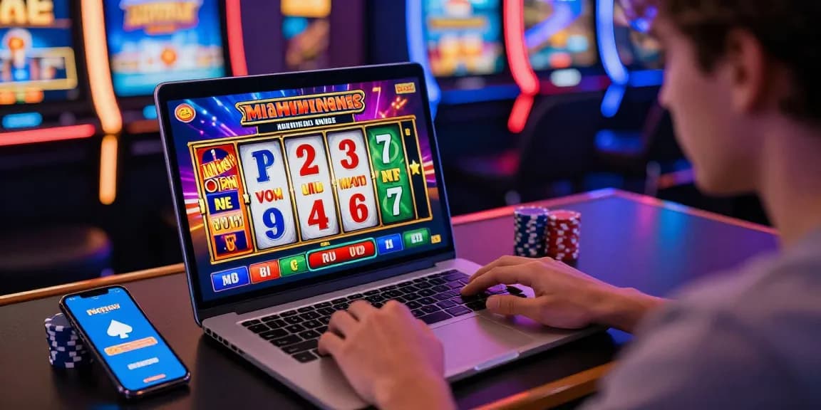 Spin Million Casino gaming scene with a player engaged in lively slot machines, vibrant colours, and digital promotions.
