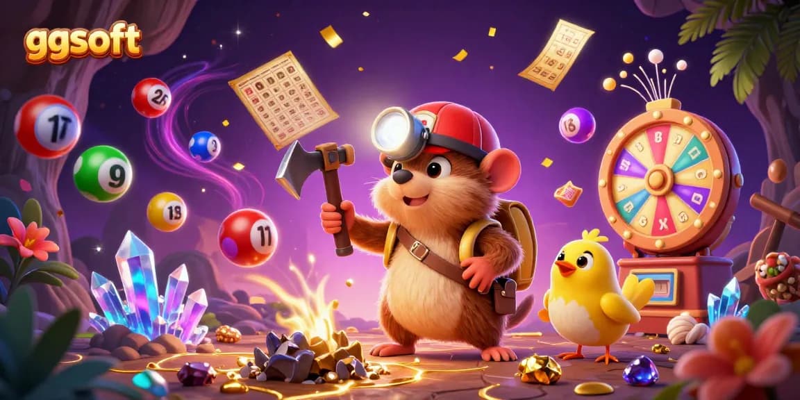 Mole penjahat membawa pik sekaligus bermain lotere di dunia ggsoft, dikelilingi bola nomor menarik.