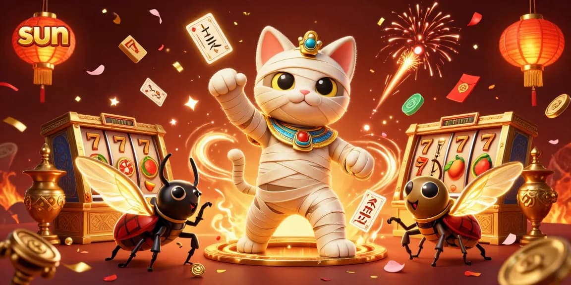 Experience the thrill of the sun in a vibrant 3D casino scene featuring an Egyptian mummy cat and festive gaming elements.