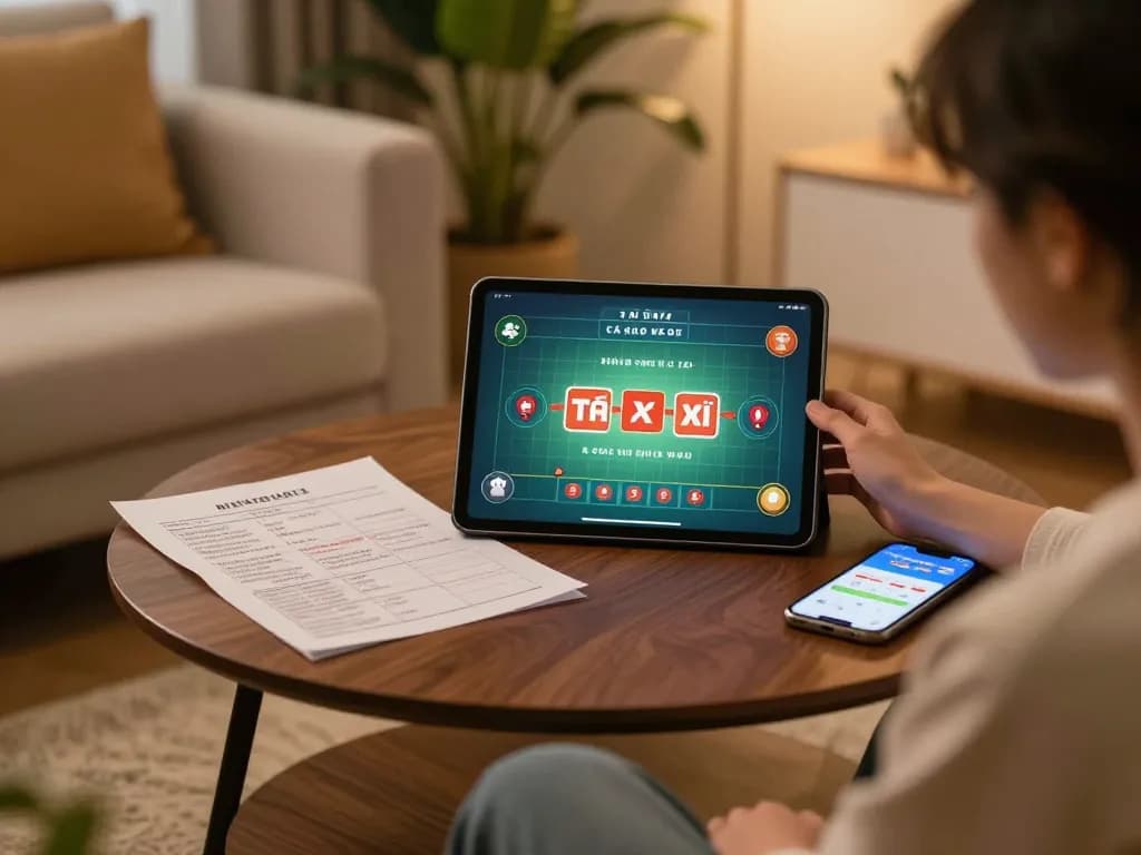 Tài xỉu online gameplay on a tablet in a cozy home setting, emphasizing responsible entertainment.