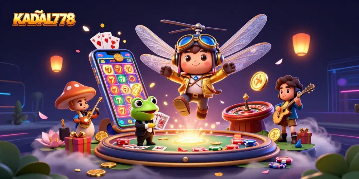 Engage in gameplay at KADAL778 with vibrant 3D casino scene featuring interactive slots and dynamic characters.