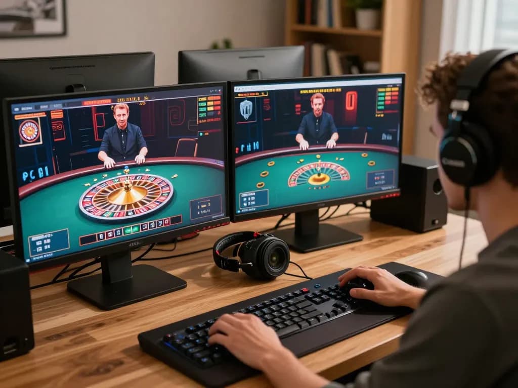 Player engaging with ax88 live dealer casino setup on dual monitors, emphasizing excitement and strategy