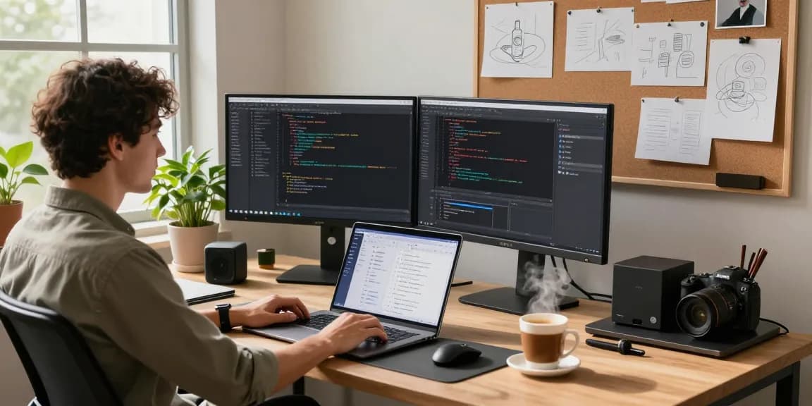 Innovative software developer workspace featuring advanced 截图工具 and tech accessories.