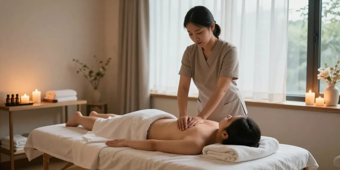 스웨디시 마사지가 진행되는 아늑한 마사지 룸의 모습