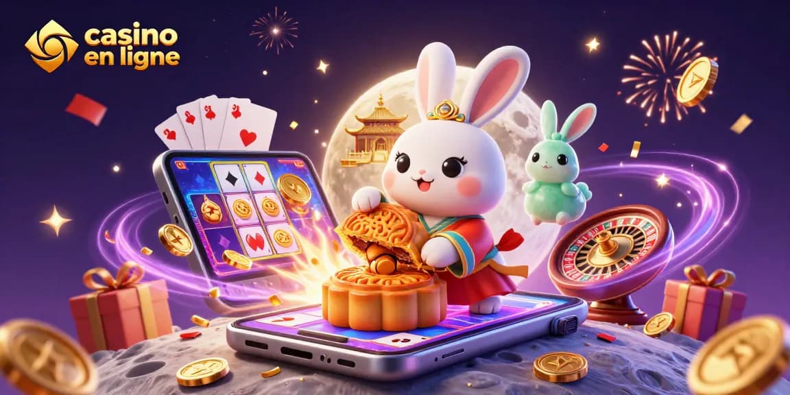 Jouer au casino en ligne avec un lapin de lune chinois et des jetons de poker en arrière-plan.
