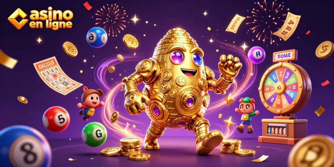 Jouer au casino en ligne avec une machine à sous animée en arrière-plan et des ballons de loterie colorés.