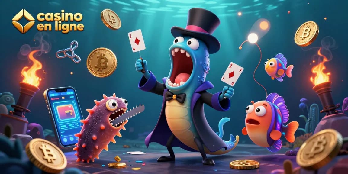 Un spectacle magique dans un casino en ligne avec des créatures marines divertissantes et des jetons scintillants.