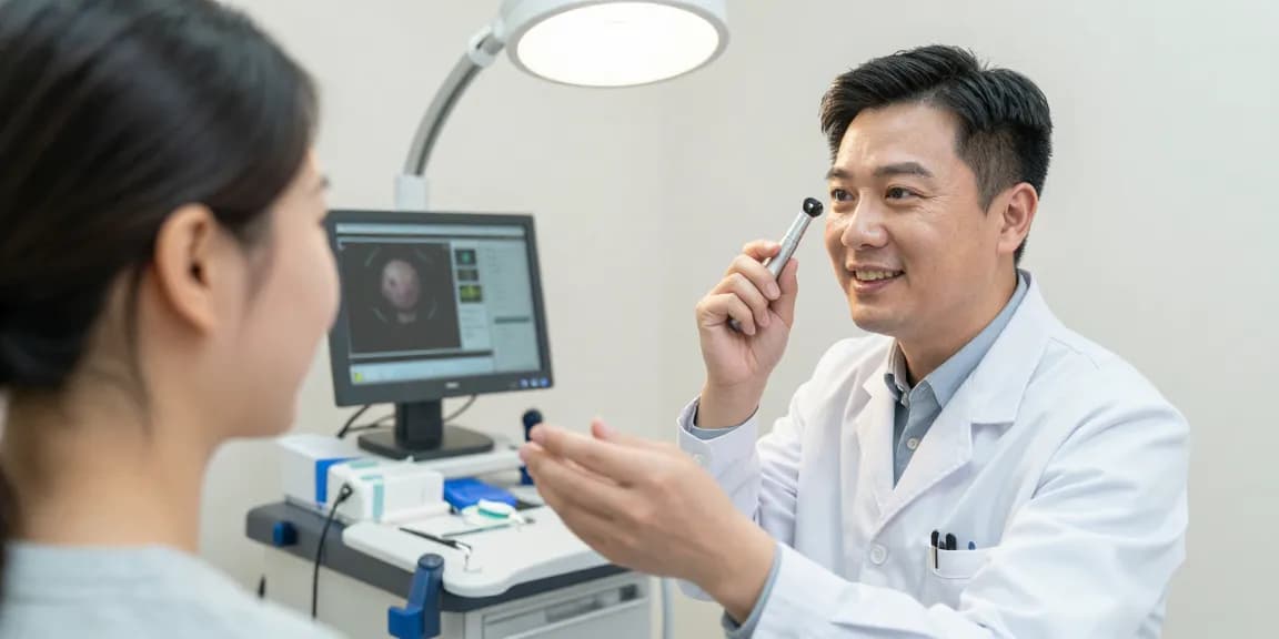 Healthcare professional using a pen light medical to examine a patient in a sterile environment.