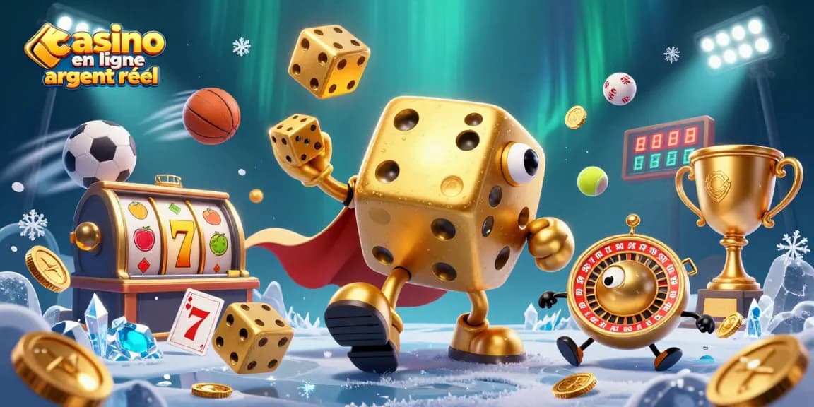 Entrez dans le monde du casino en ligne argent réel avec des dés dorés et des éléments de jeu animés.