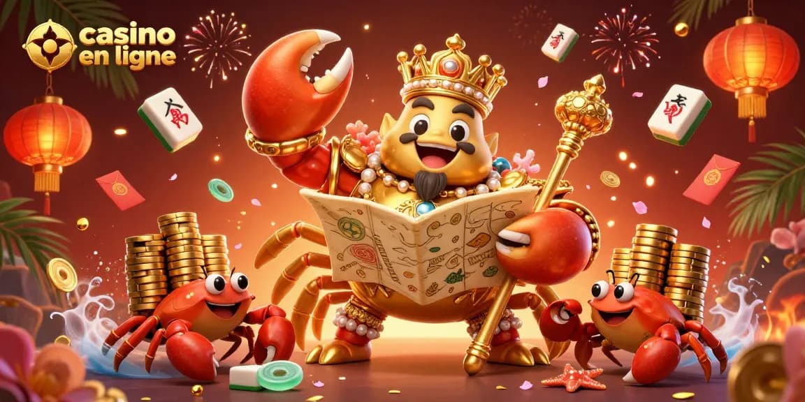 Jouer au casino en ligne avec un crabe doré majestueux et des éléments festifs.