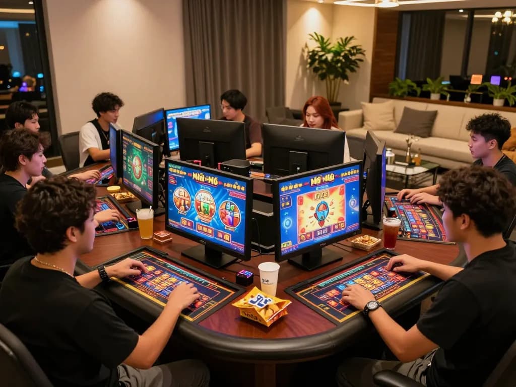 Engaging in nổ hũ mb66 gameplay in a cozy home setting with vibrant graphics and snacks.