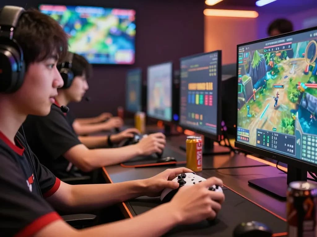 KPK100 gamers competing in an online tournament with vibrant graphics and intense focus