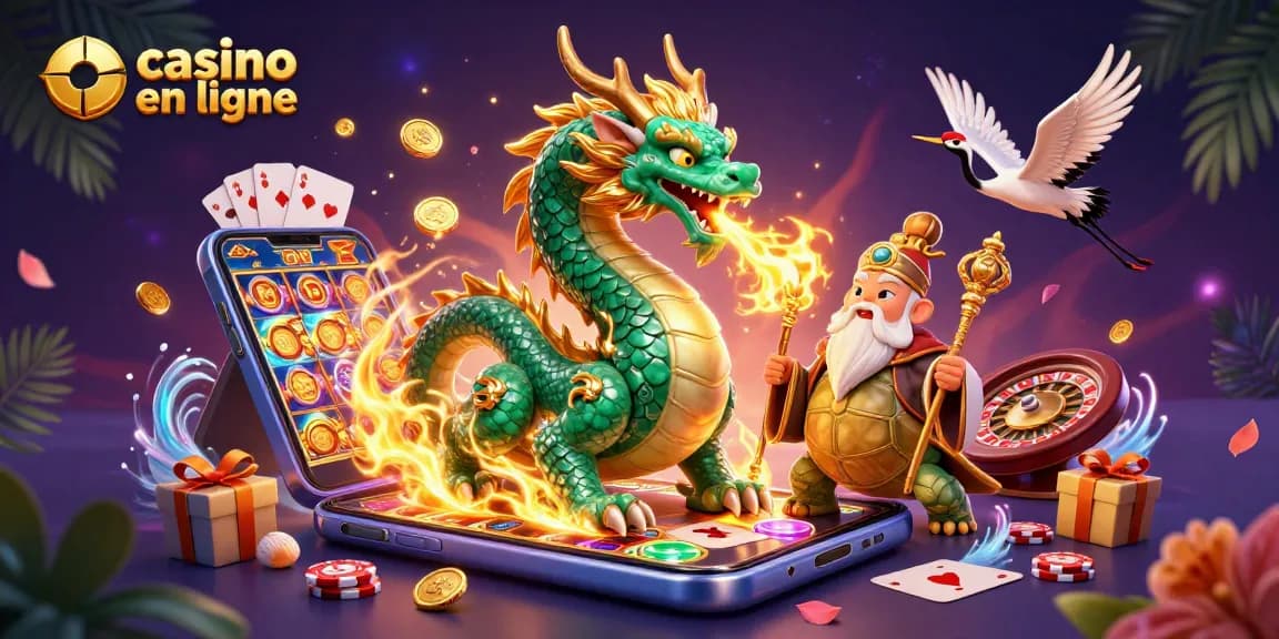 Profitez de l'expérience de casino en ligne avec un dragon et un sage dans une illustration vibrante.