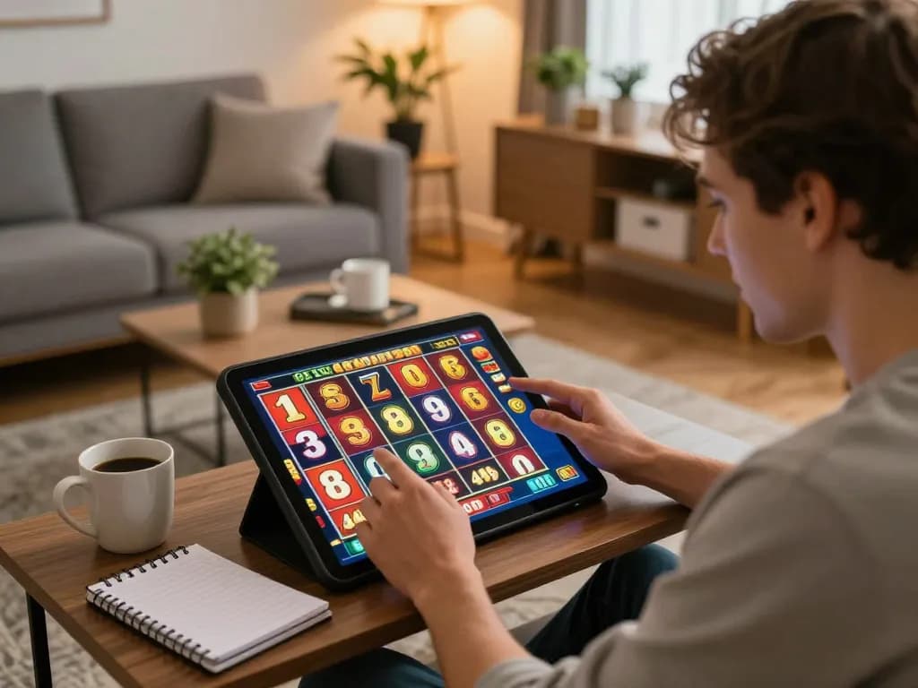 Player enjoying slot games at home on 888top, showcasing excitement and strategy in a cozy setting.