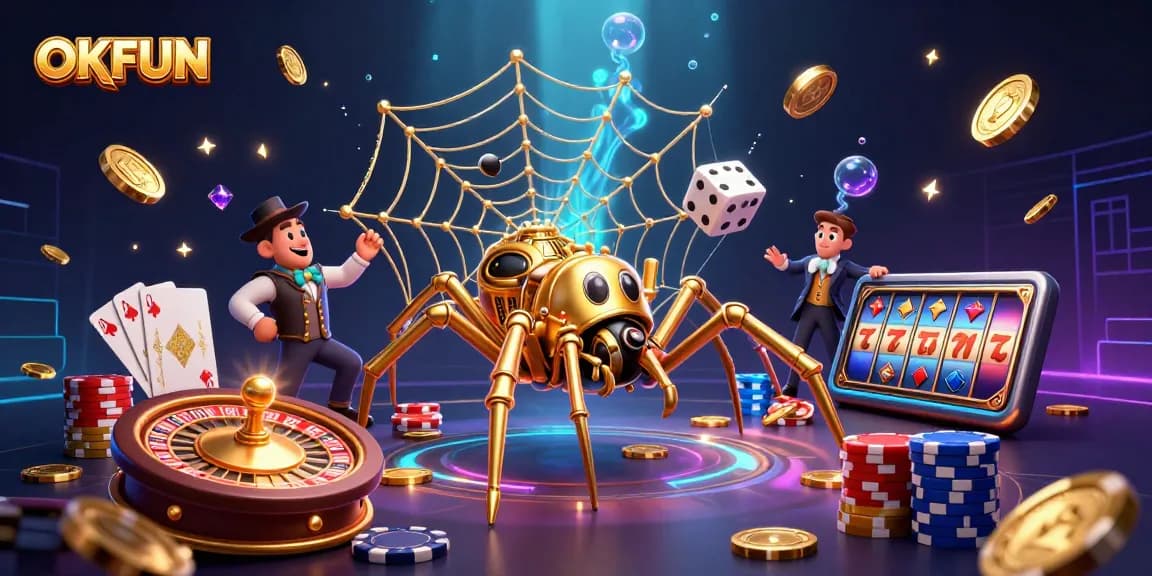 Catch the excitement at OKFUN, where golden coins cascade and dice roll in an immersive casino scene.