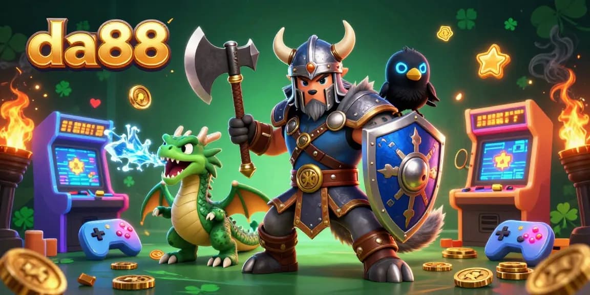 Engage with the da88 casino adventure featuring a Viking, dragon, and raven in vibrant gaming chaos.