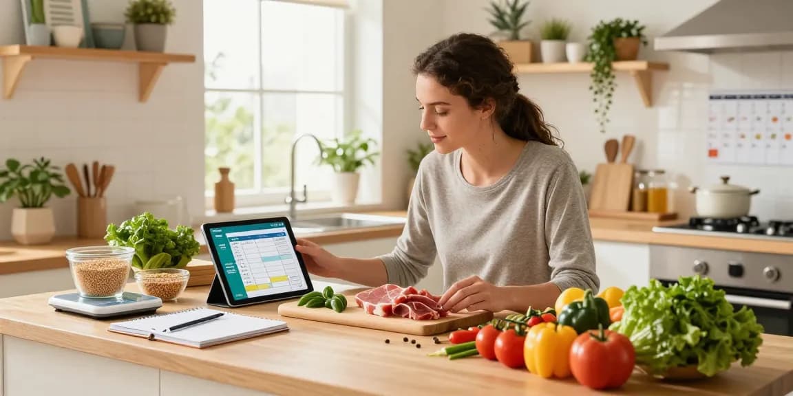 Using the best macro tracking app in a modern kitchen while preparing healthy meals with fresh ingredients and meal planning tools.