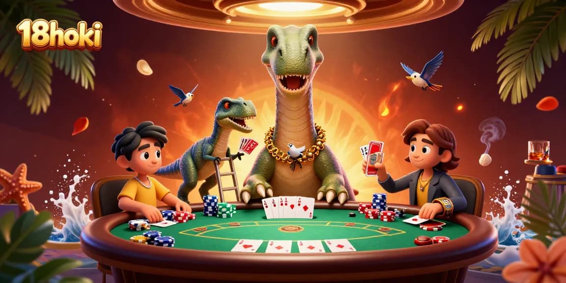 Experience the magic of 18hoki with a thrilling cartoon scene of gambling excitement and winning hands at the casino.