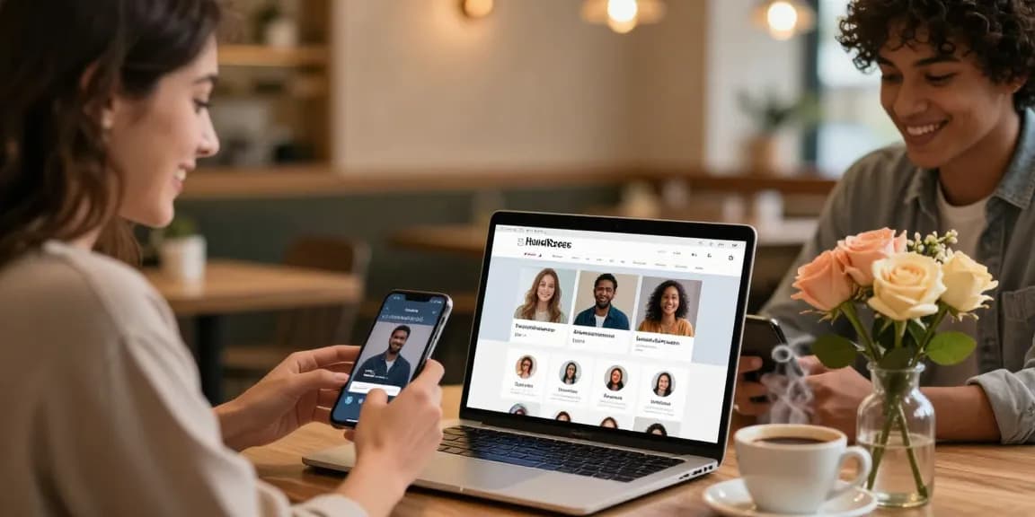 Individuals enjoying the HundRoses dating app in a cozy café setting, showcasing genuine connections.