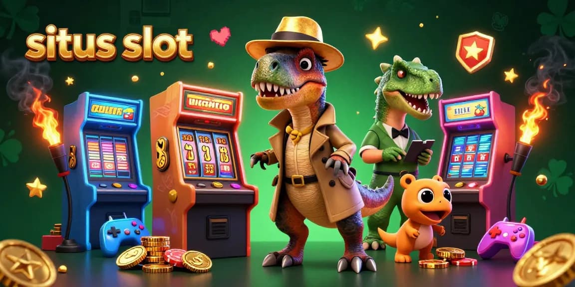 Situs slot scene with cartoon velociraptor counting cards, stegosaurus boss, and compy stealing chips.