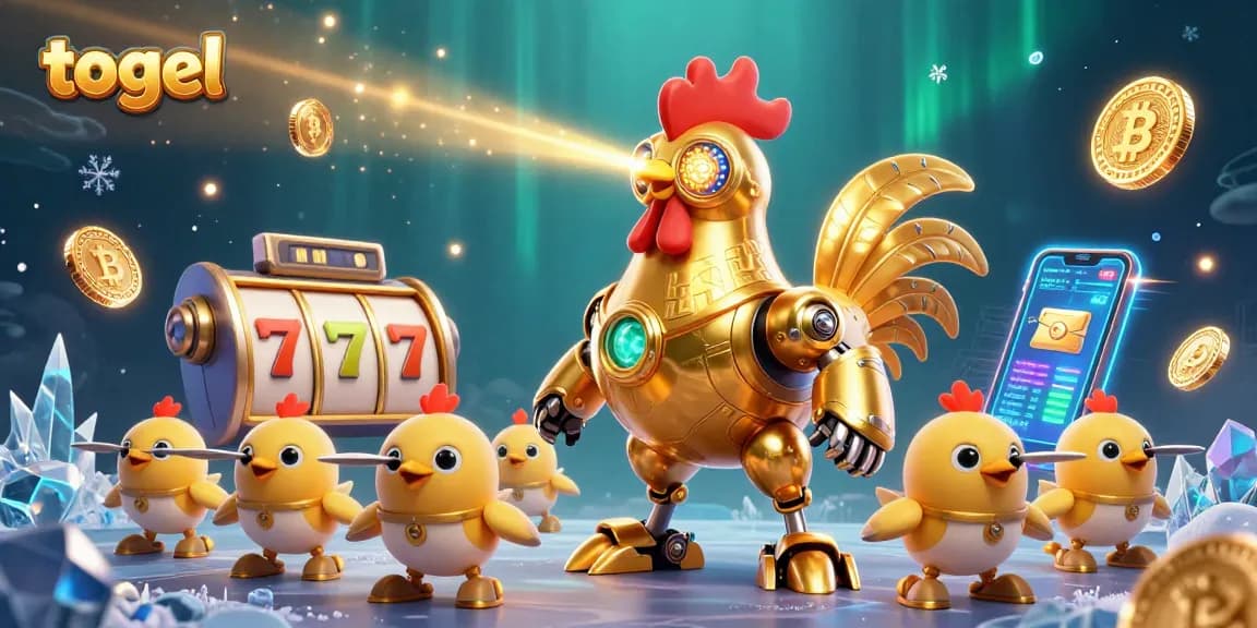 Engage with togel excitement as a golden rooster robot leads a dazzling slot experience.