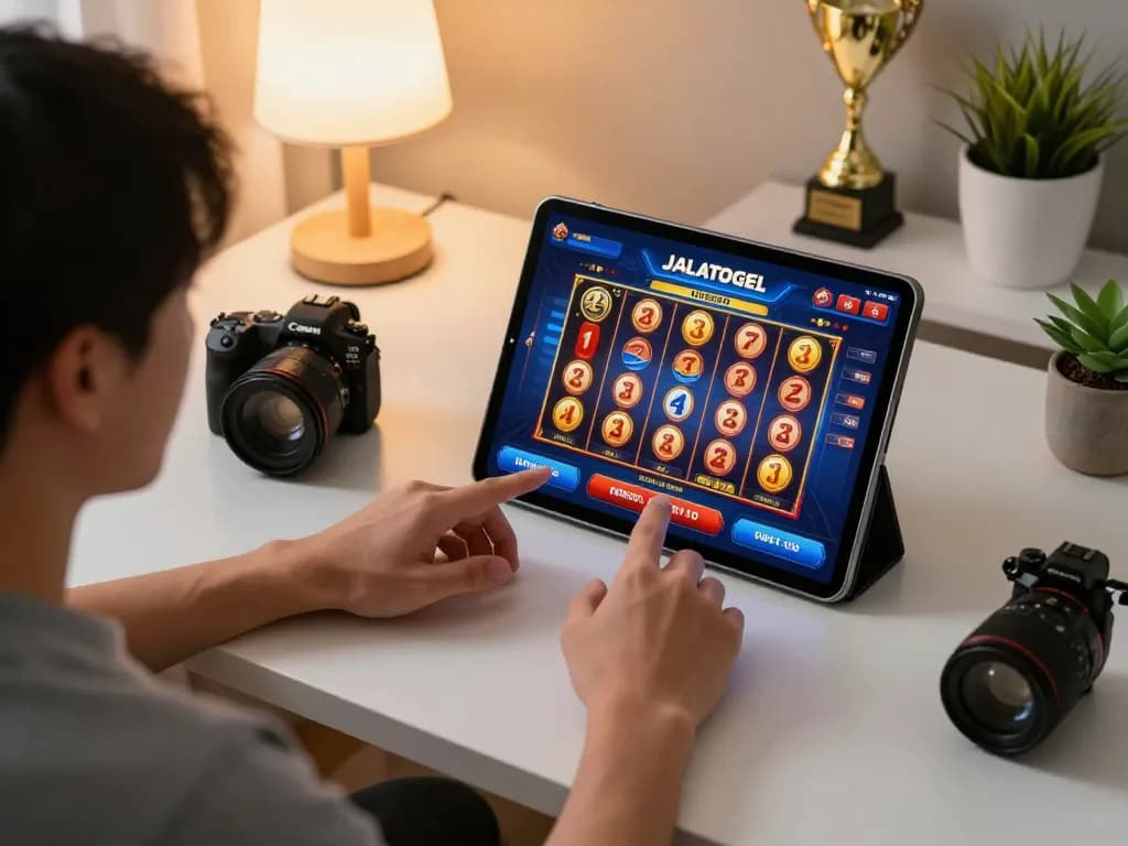 Pemain yang terlibat dengan slot online JALATOGEL di tablet dalam suasana rumah yang nyaman.