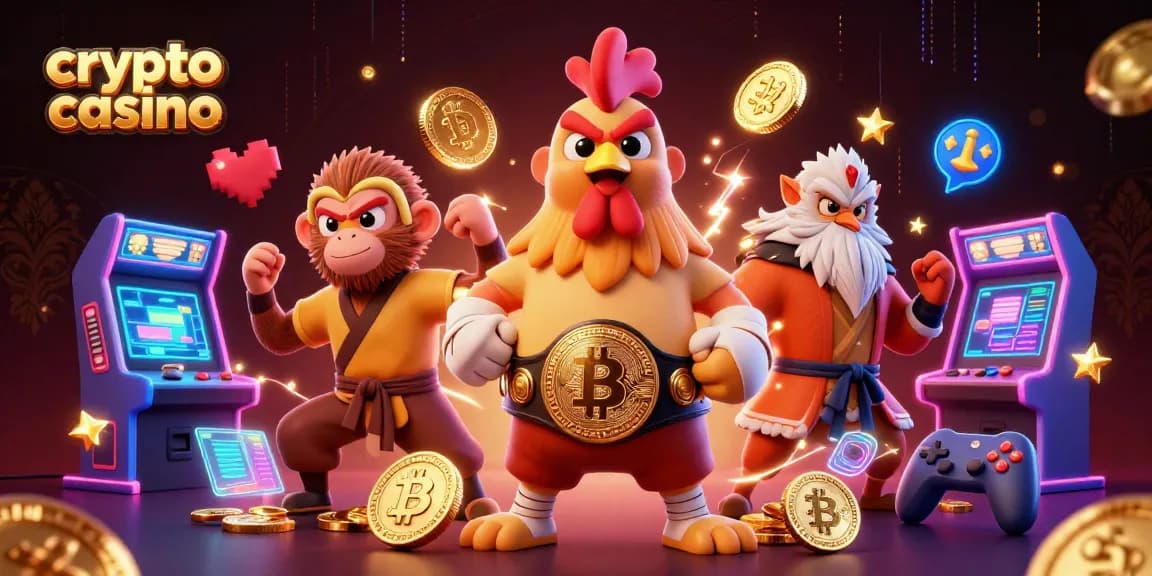 Giocatori vincenti in un crypto casino con monete Bitcoin ed Ethereum, atmosfere luminose e giochi avvincenti.