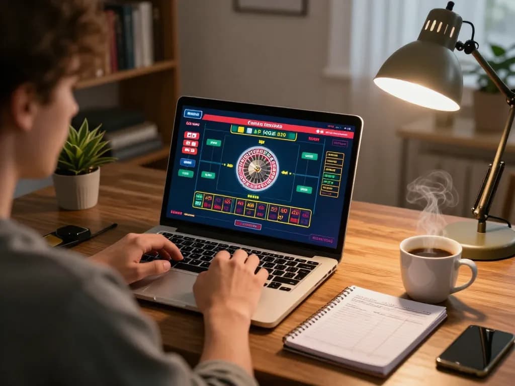 Engaging in online casinos in Canada while managing bankroll with strategic notes on a laptop.