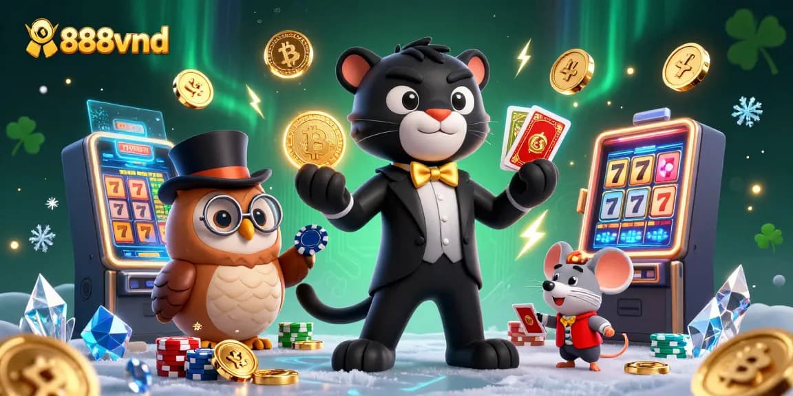 Play exciting games at 888vnd with a lively black panther dealer surrounded by poker chips and crypto coins.