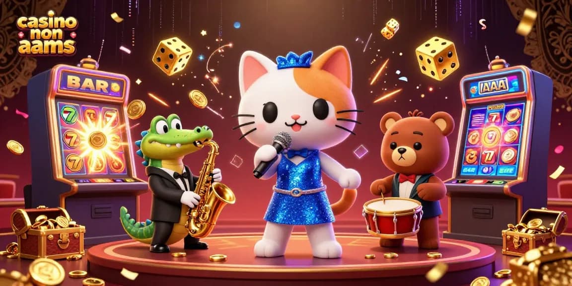 Osserva la scena vivace di un casino non aams con un gatto cantante jazz, un coccodrillo al sassofono e un orso batterista.