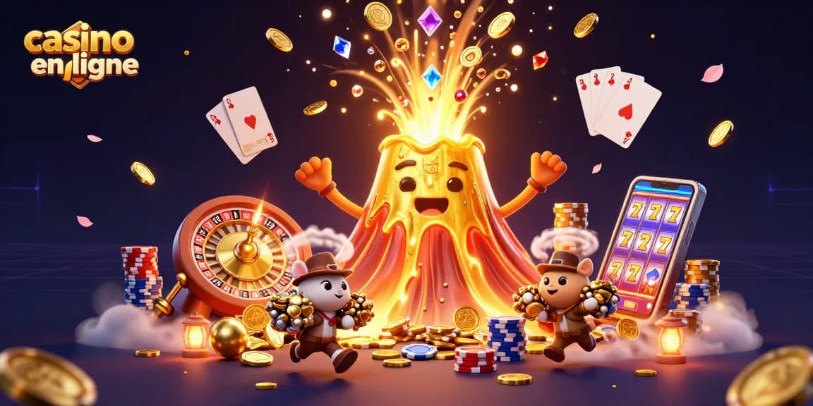 Accédez à une expérience de casino en ligne animée avec un volcan doré trônant au centre, éjectant des pièces et des gemmes brillantes.