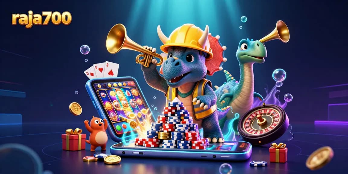 Raja700 menghadirkan triceratops membangun tumpukan chip poker di tengah perayaan permainan slot yang seru.