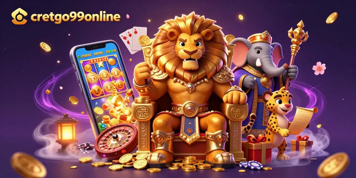 Experience excitement at cretgo99online with a fierce lion king, wise elephant, and speedy cheetah in a lively scene.