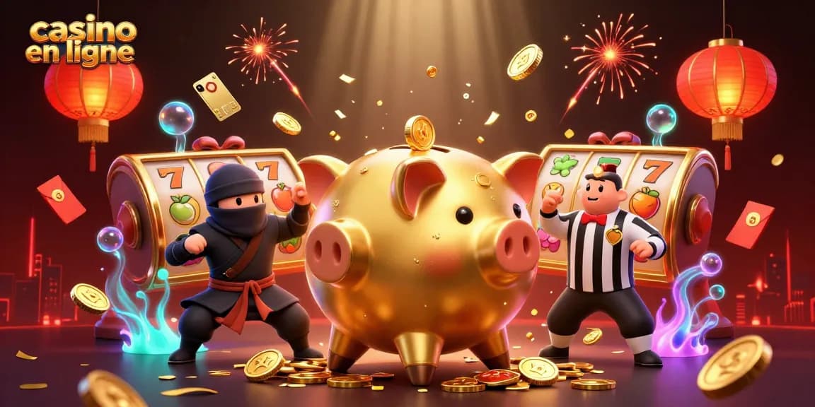 Le casino en ligne révèle une scène colorée avec un sumo, un ninja et un samouraï, entourés de pièces d'or et de machines à sous.