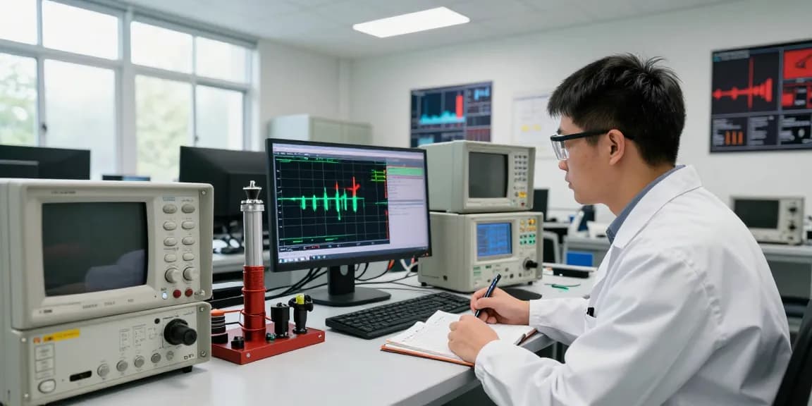 Engineer analyzing geophone data in a professional lab setting, showcasing advanced instruments and technology.