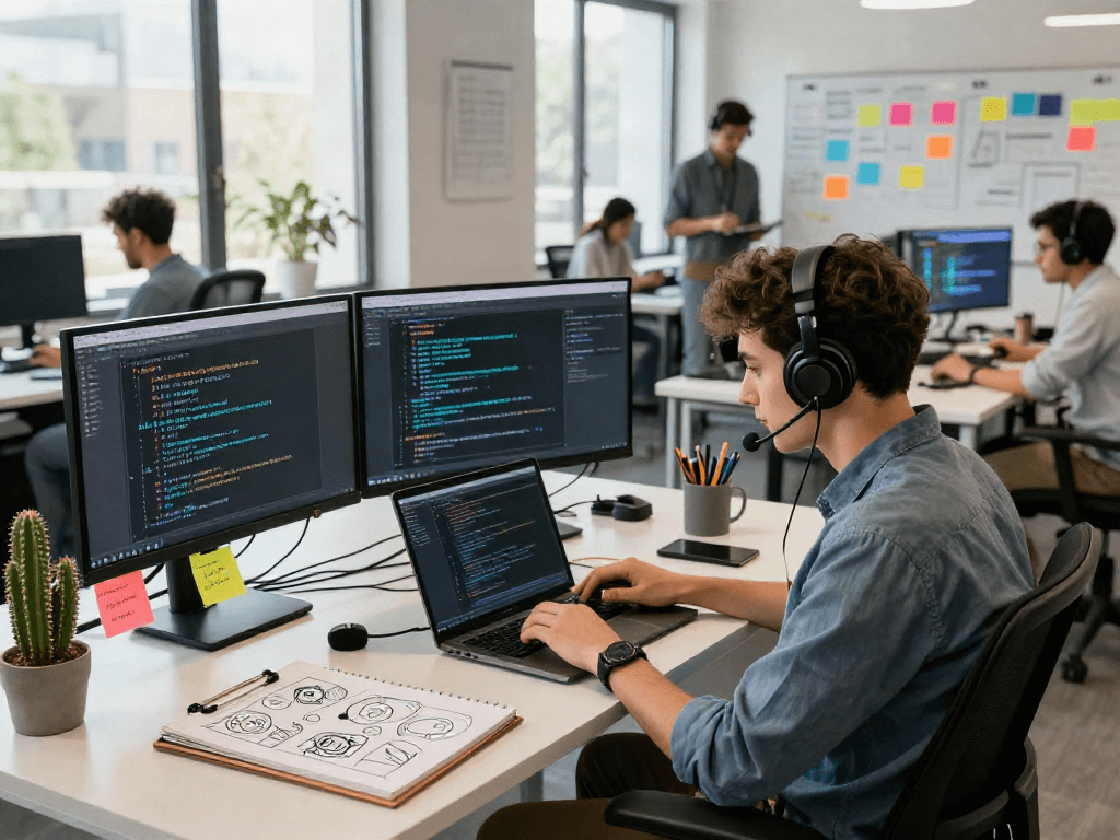 Dynamic workspace featuring nsfw AI development tools, with a coder in an inspiring tech office.