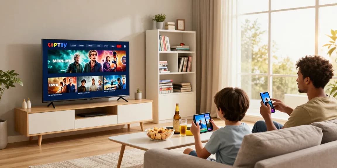 Regardez Iron tv pro en famille sur Smart TV avec divers appareils et ambiance chaleureuse.