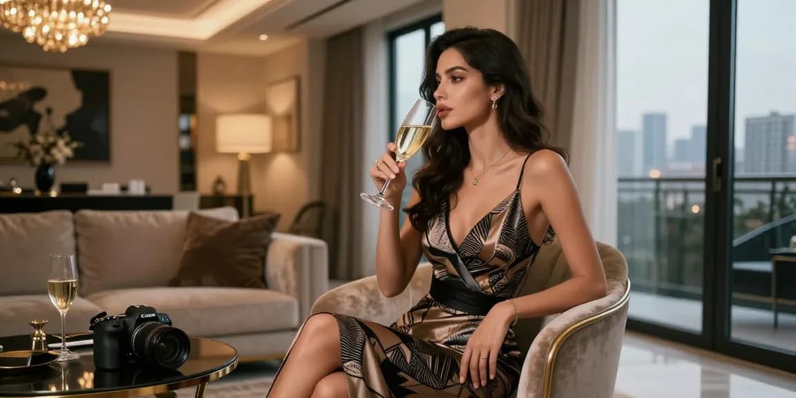 Beylikdüzü escort deneyimi, lüks ortamda şampanya içen şık kadın.