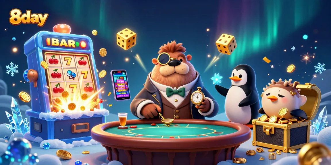 Experience the thrill of 8day online casino with jolly walrus, dealer penguin, and pufferfish player in a vibrant gaming scene.