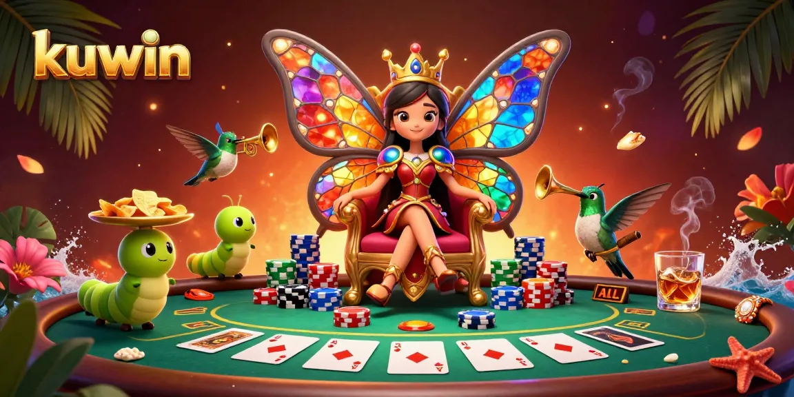 Kuwin reveals a vibrant casino scene with a butterfly queen amidst poker chips and cards.