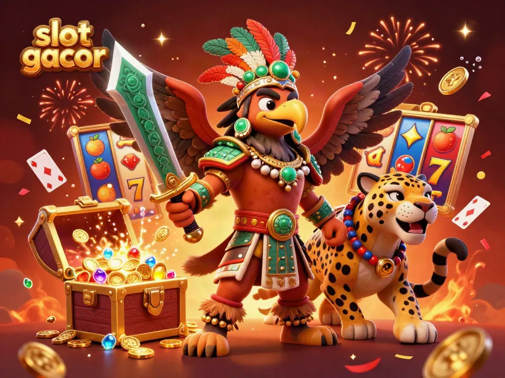 Engaging slot gacor themed illustration featuring Aztec warriors and vibrant game elements
