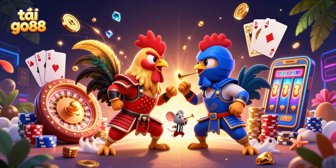 Engage with tải go88 in an electrifying 3D illustration of rooster warriors facing off amidst casino-themed chaos.
