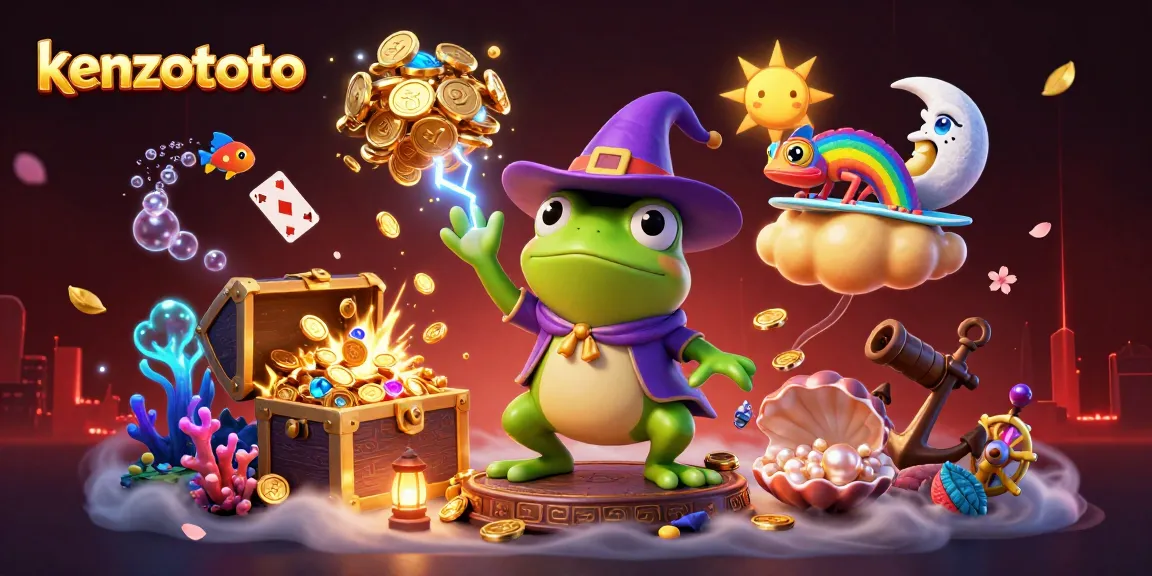 Kenzototo's illuminated scene features a weather wizard frog creating a coin storm amid vibrant game elements.