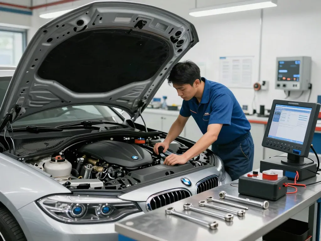 Professioneller BMW Steuerkette Service in Hannover mit Techniker und Werkzeugen.