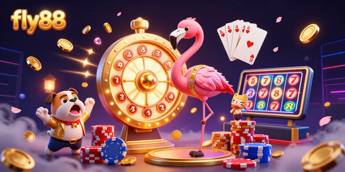 Experience thrilling wins with fly88, featuring a colorful 3D casino scene filled with coins and prizes.