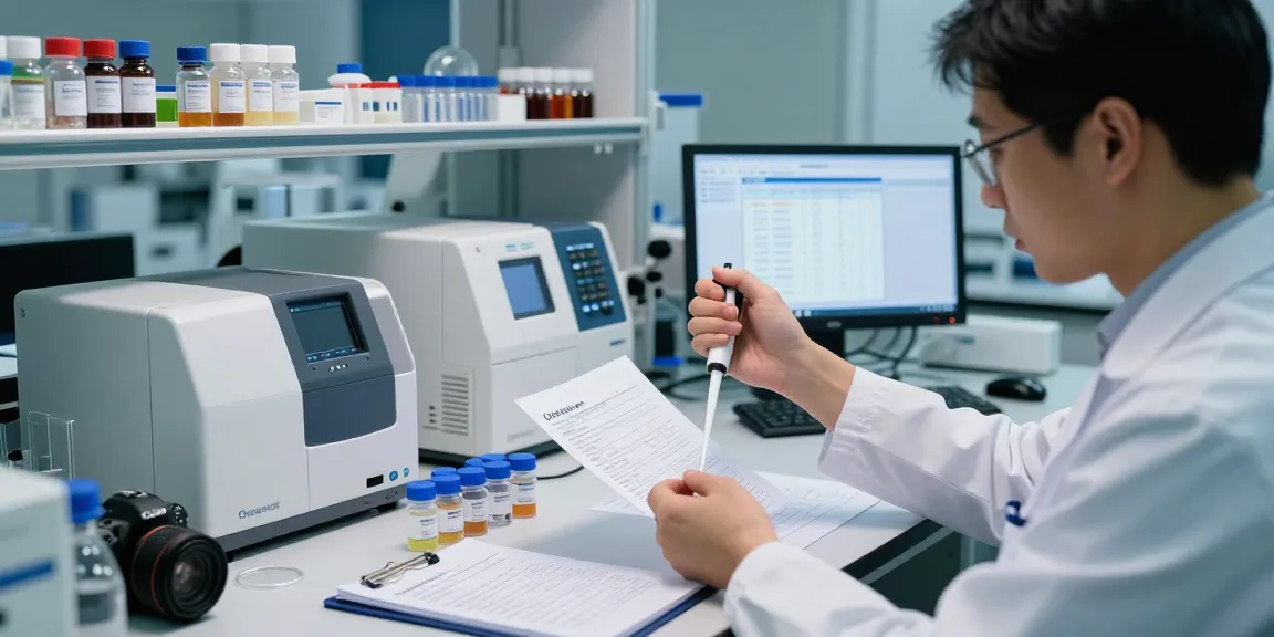 Research peptide US laboratory with scientist examining vials and COAs in a high-tech lab.