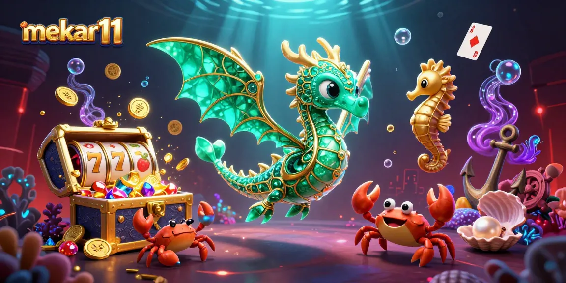Discover winning strategies at mekar11 with a vibrant 3D casino illustration featuring a sea dragon and slot reels.