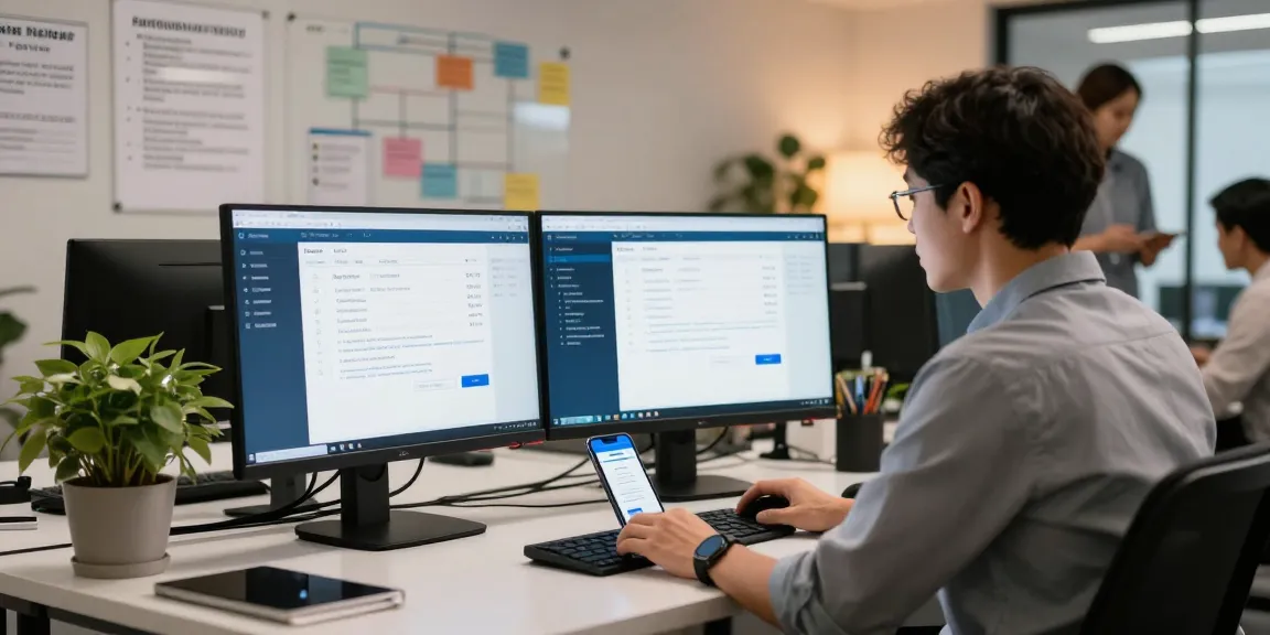 IT specialist demonstrating the age verification system in a modern office setting, highlighting compliance and technology.