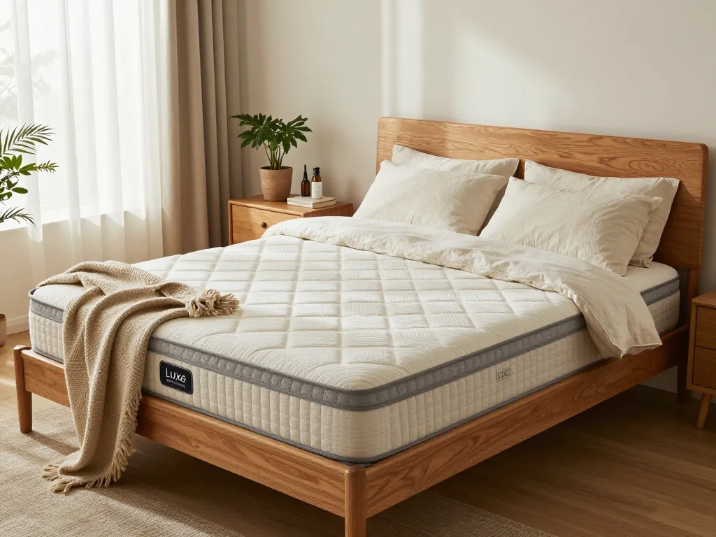 Luxurious natural mattress on a handcrafted bed with organic linens in a serene bedroom setting.